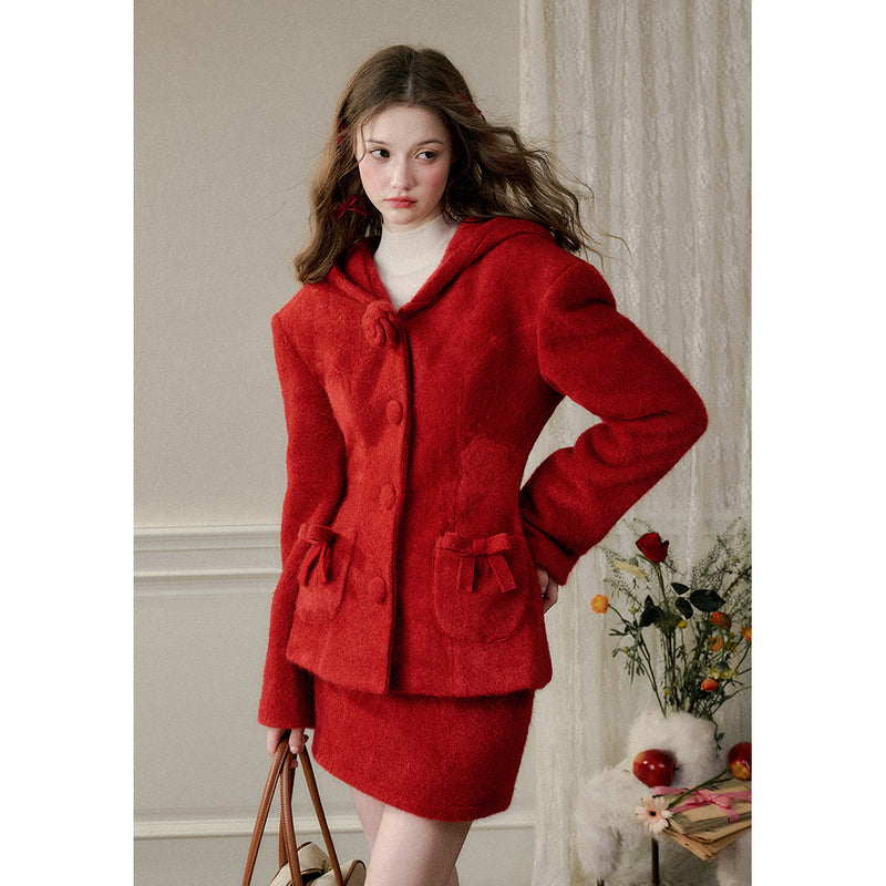 Bright Red Hooded Jacket and Short Skirt