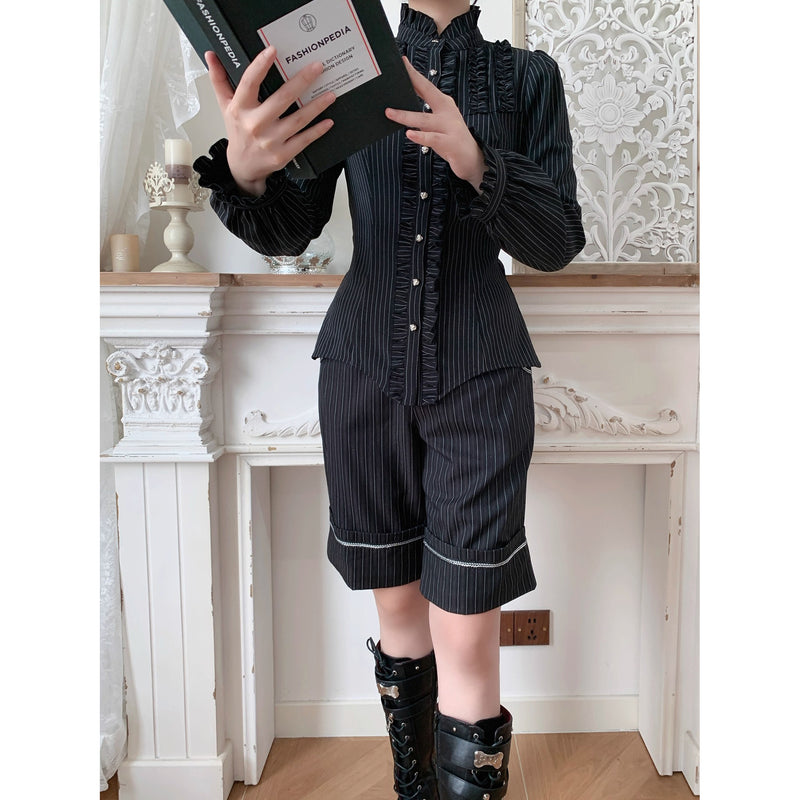 西洋令嬢の縦縞クラシカルブラウス - Black[2026年1月上旬-1月下旬発送予定]