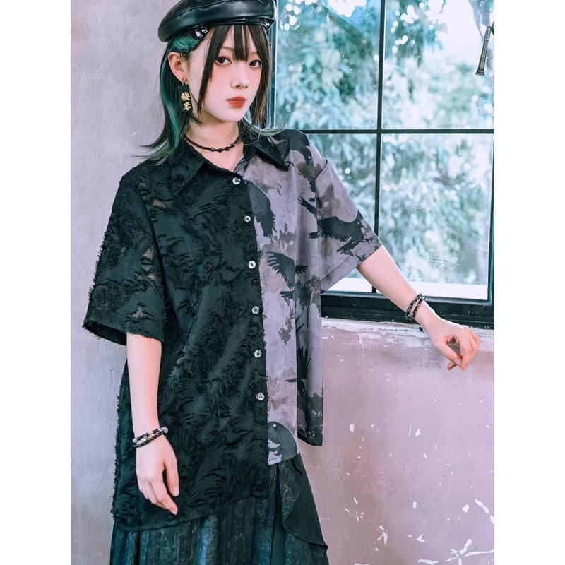 黒鴉の水墨画アシンメトリーシャツ