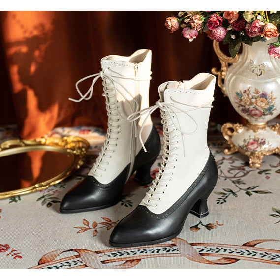 Victorian Pointed Toe Lace Up Boots - Black White