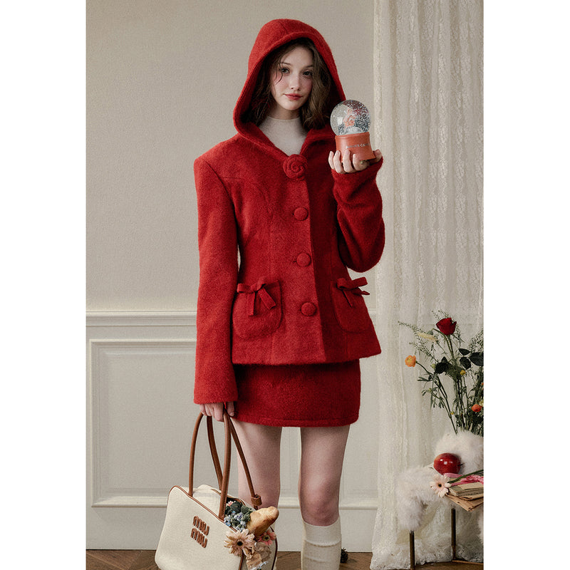 Bright Red Hooded Jacket and Short Skirt