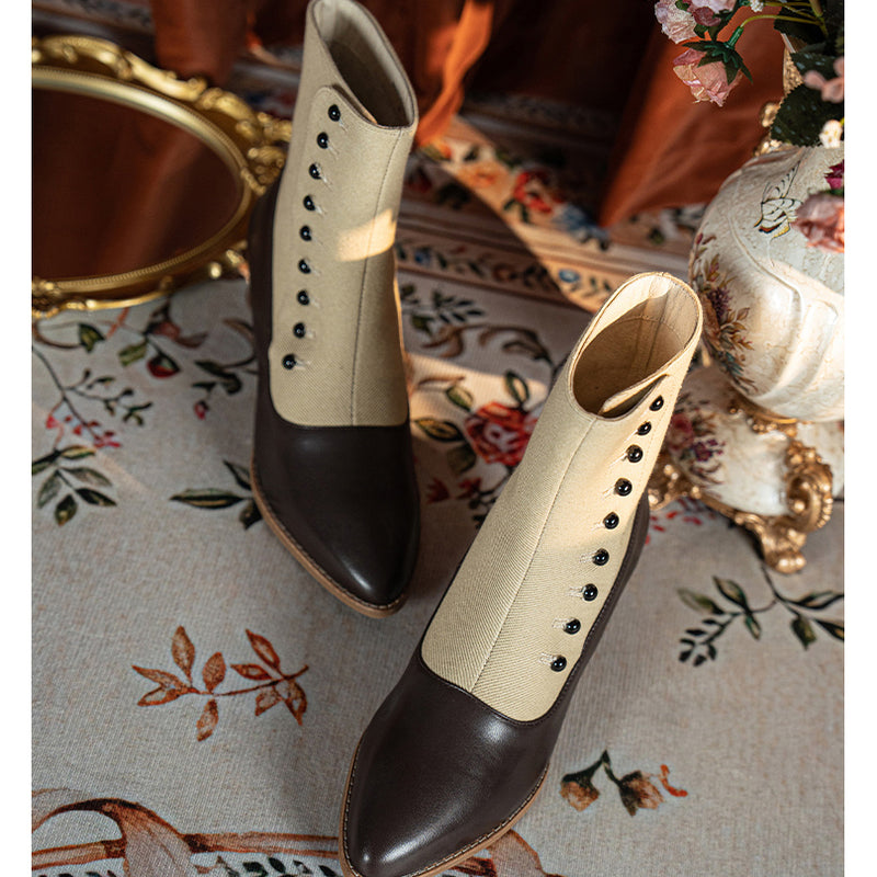 Victorian Pointed Toe Buttoned Short Boots - Brown Beige