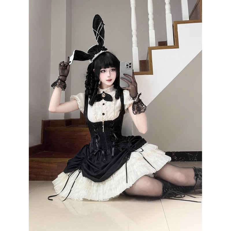うさぎのお嬢様のコルセットジャンパースカートとフリルブラウス - Black[2026年2月上旬-3月上旬発送予定]
