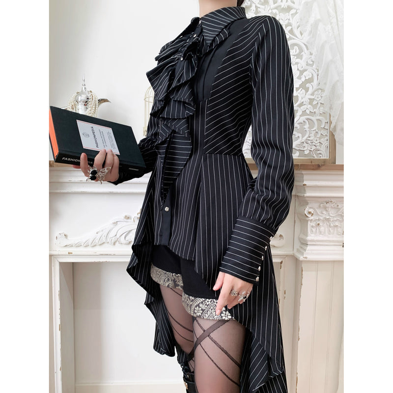 中世貴族のヴィクトリアンテールブラウス - Black Pin Stripe[2025年12月上旬-12月下旬発送予定]