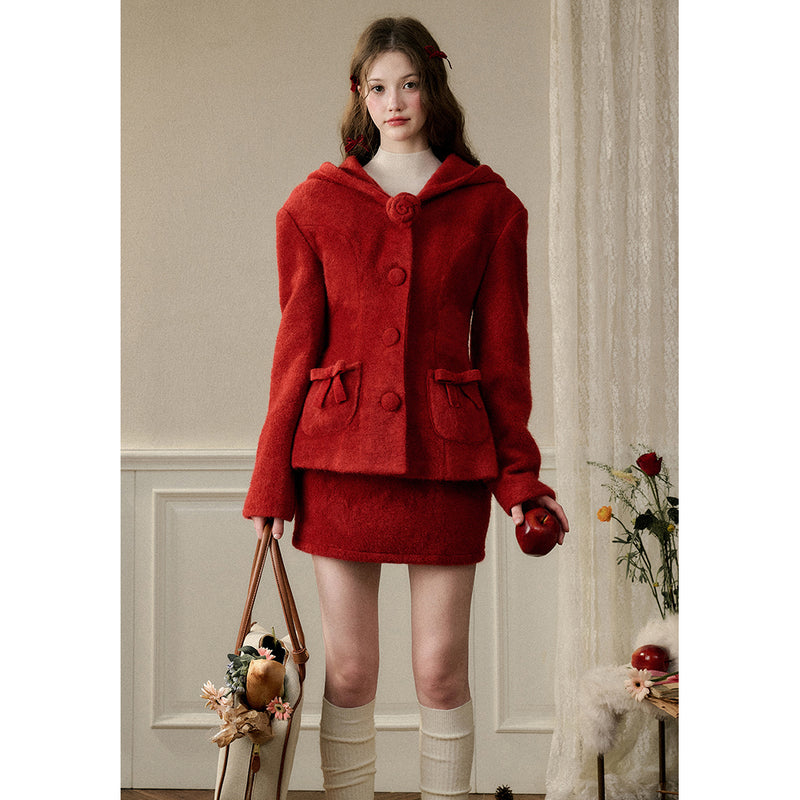 Bright Red Hooded Jacket and Short Skirt