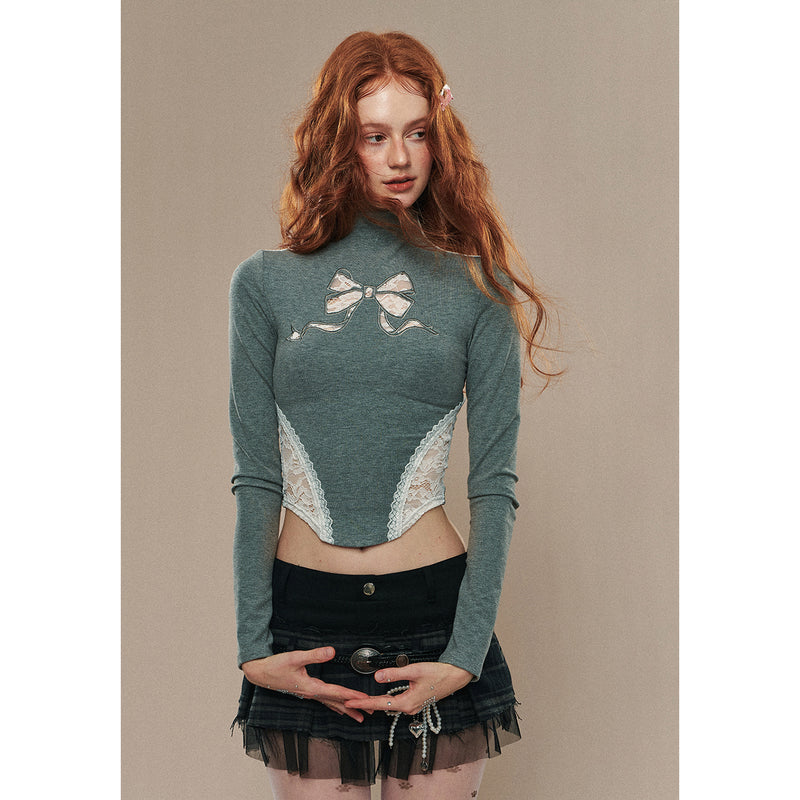 Ribbon Embroidery Slim Turtleneck Short Top