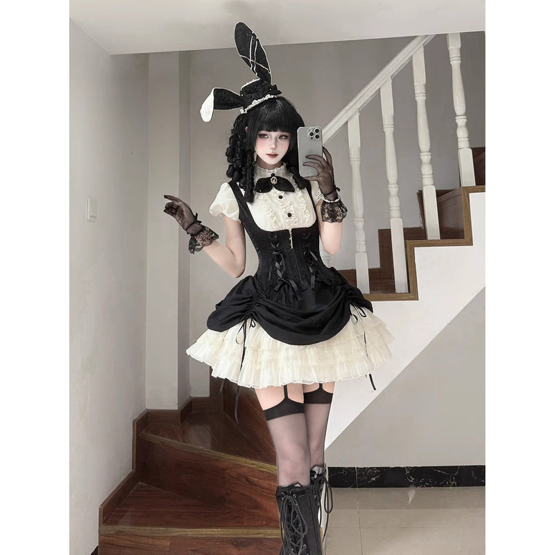 うさぎのお嬢様のコルセットジャンパースカートとフリルブラウス - Black[2026年2月上旬-3月上旬発送予定]