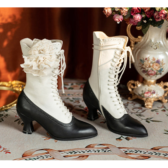 Victorian Pointed Toe Lace Up Boots - Black White