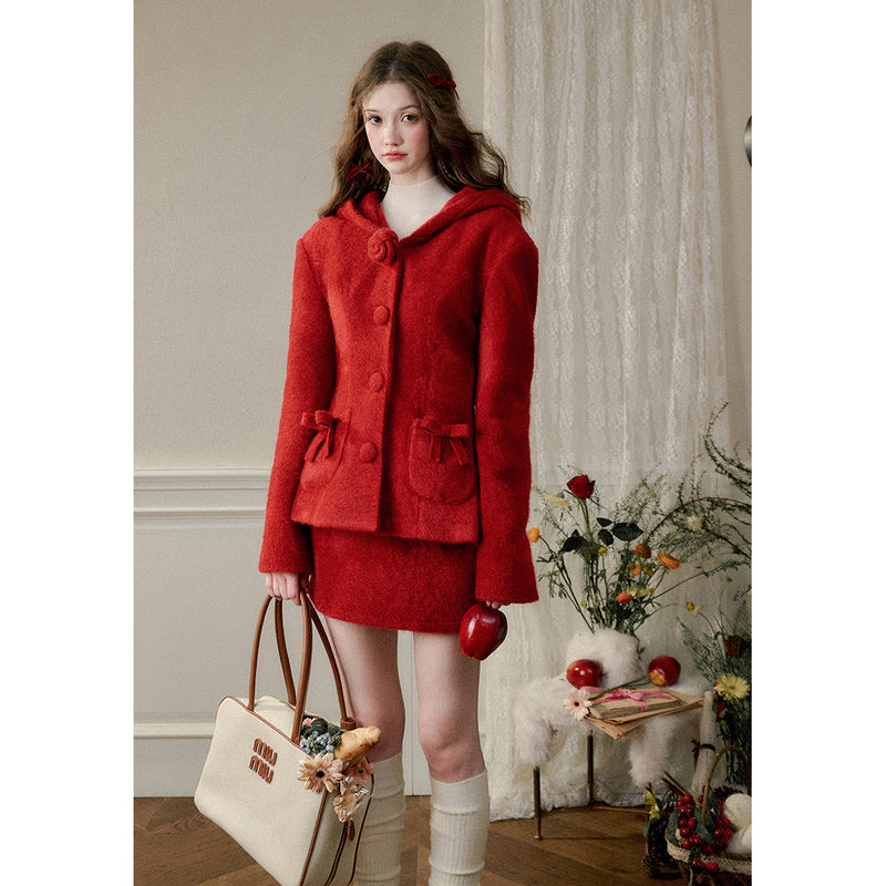 Bright Red Hooded Jacket and Short Skirt