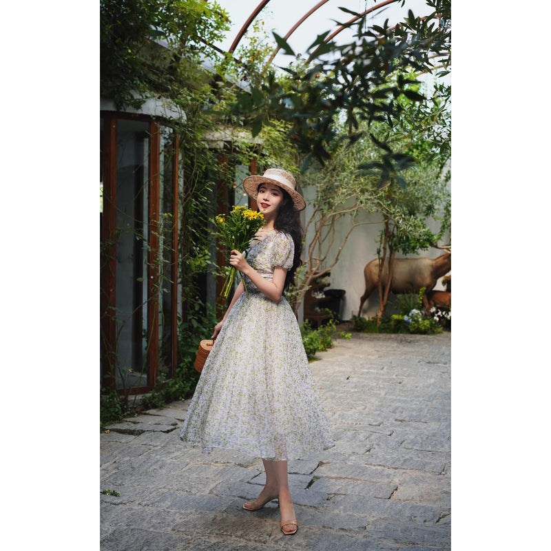 藍紫の花群集フレンチレトロワンピース