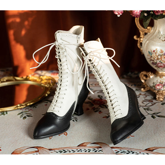 Victorian Pointed Toe Lace Up Boots - Black White