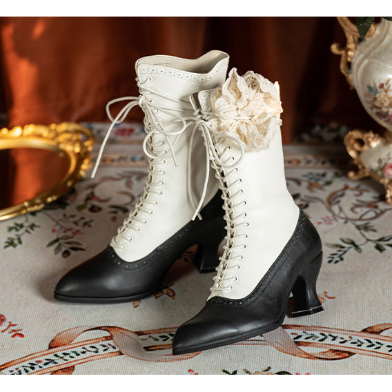 Victorian Pointed Toe Lace Up Boots - Black White