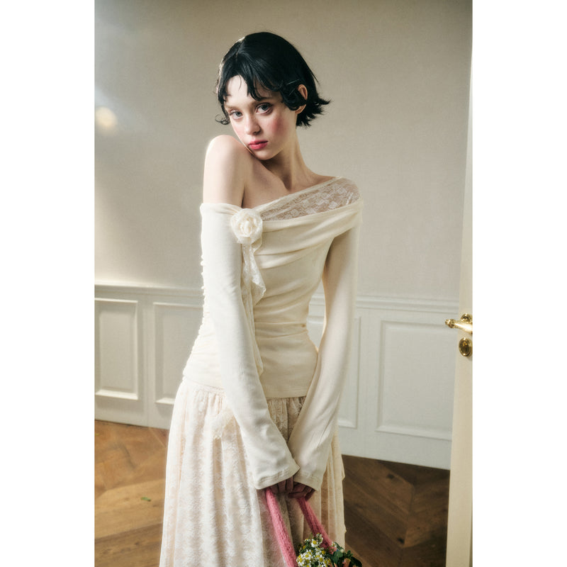 Rose Patterned Lace Top and Long Skirt - Ivory