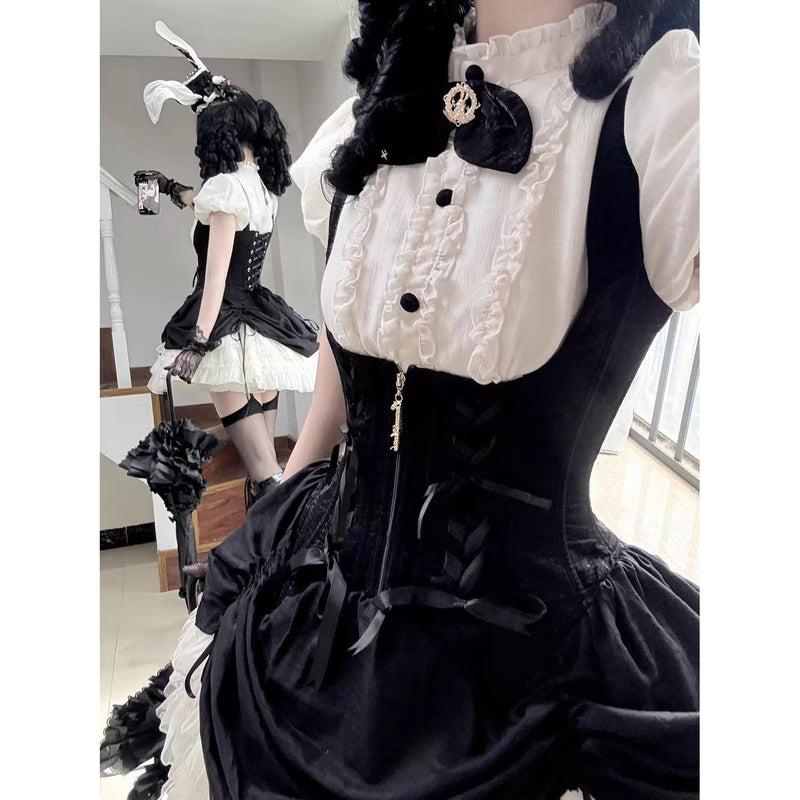 うさぎのお嬢様のコルセットジャンパースカートとフリルブラウス - Black[2026年2月上旬-3月上旬発送予定]