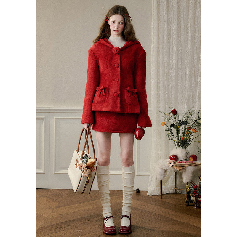 Bright Red Hooded Jacket and Short Skirt