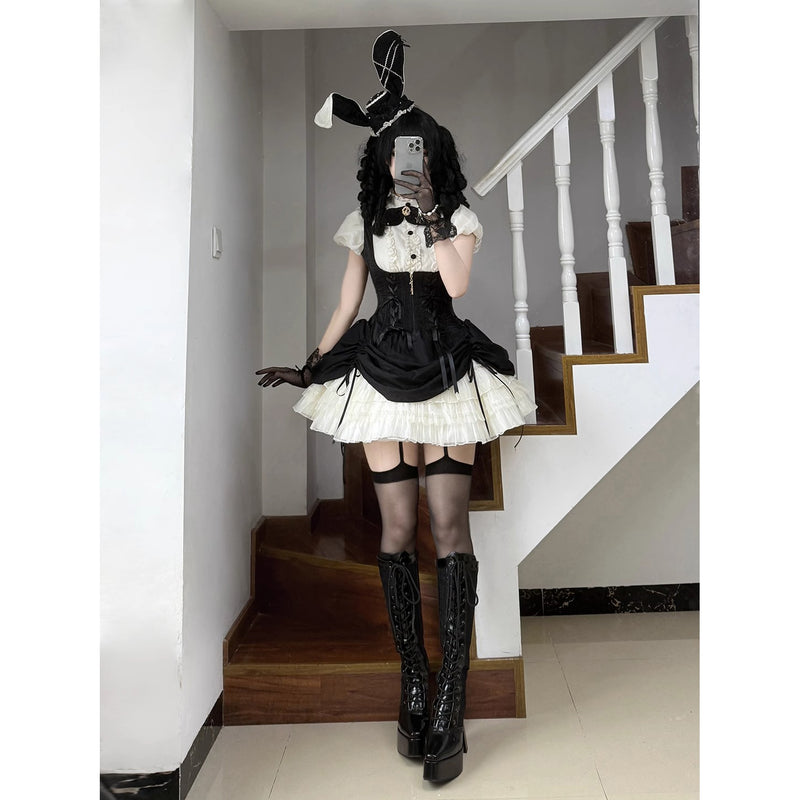うさぎのお嬢様のコルセットジャンパースカートとフリルブラウス - Black[2026年2月上旬-3月上旬発送予定]