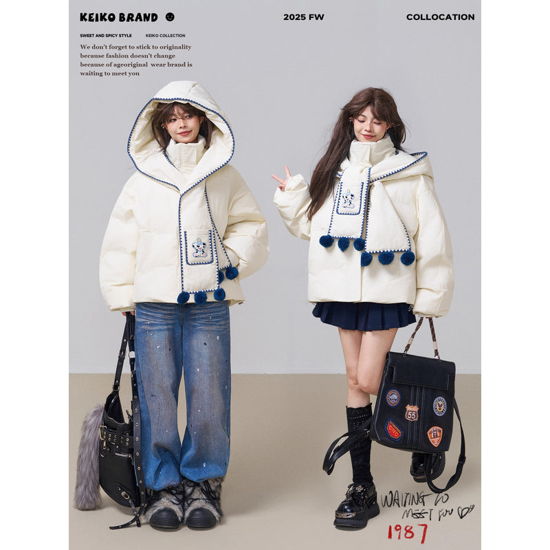 子犬の刺繍フードダウンジャケット