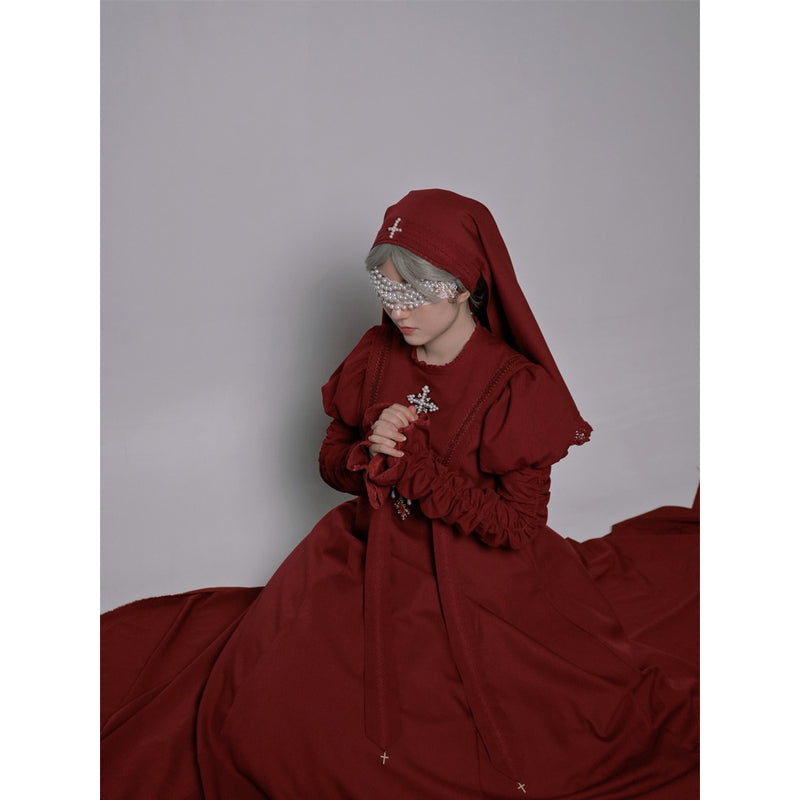 月夜の修道女の刺繍ベール - Wine Red[2025年12月上旬-2026年1月上旬発送予定]