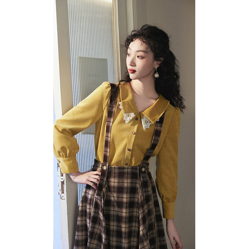 Yellow Floral Embroidered Corduroy Blouse