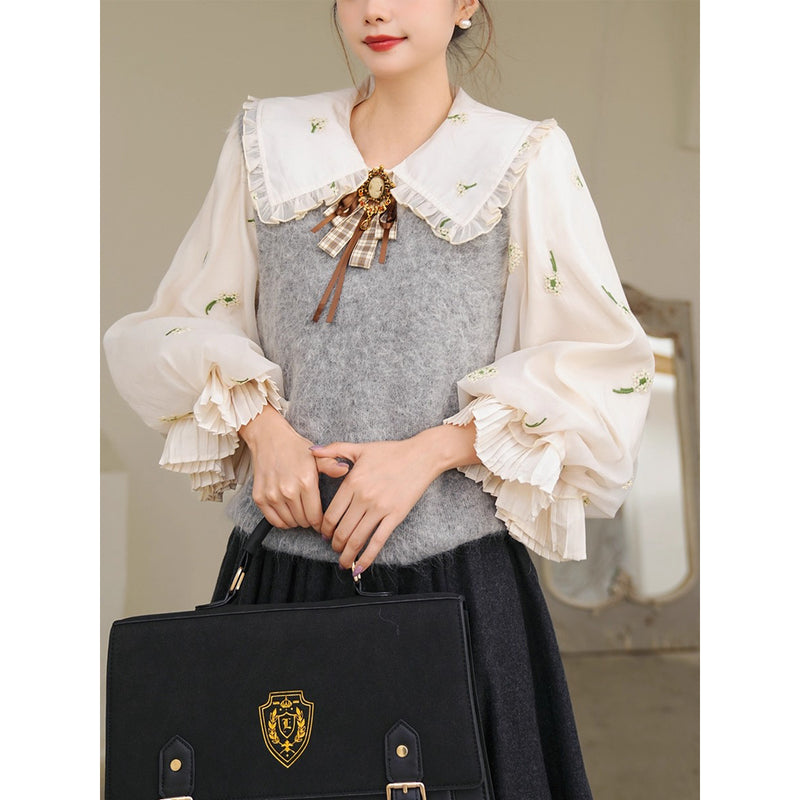 宮廷の花の刺繍ヴィクトリアンブラウスとニットベスト