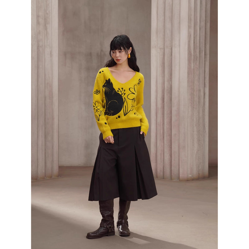 黒猫と花の刺繍ニットセーター