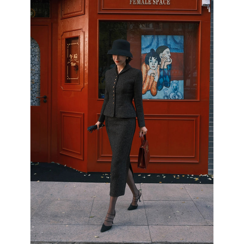 銀幕の貴婦人のツイードジャケットとペンシルスカート - Dark Black