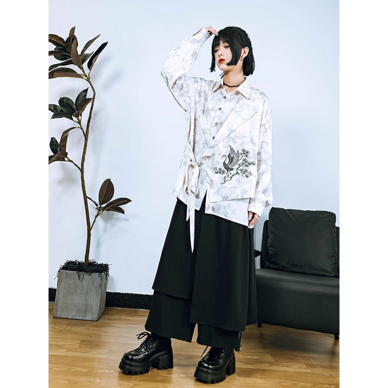 梢に留まる鶴の刺繍ブラウス - Ivory