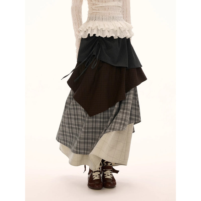 Color Block Check Long Skirt - Black Beige