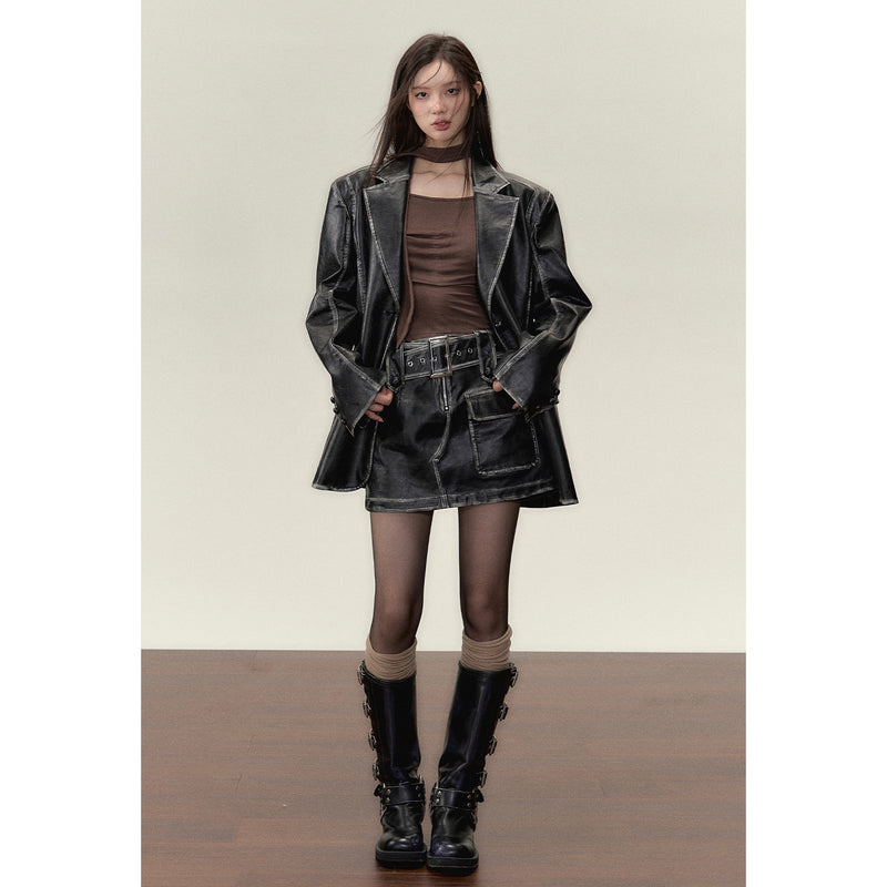 Black leather big silhouette jacket and short skirt