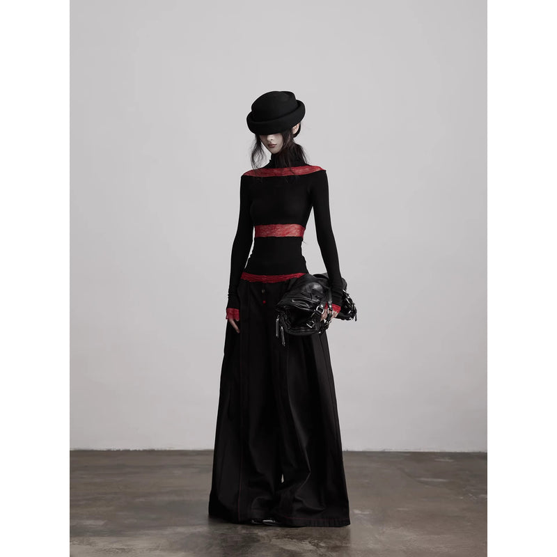 Black Red Turtleneck Knit Top