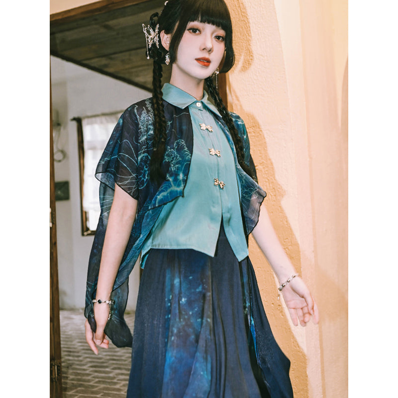 深藍の海月のシフォンブラウス