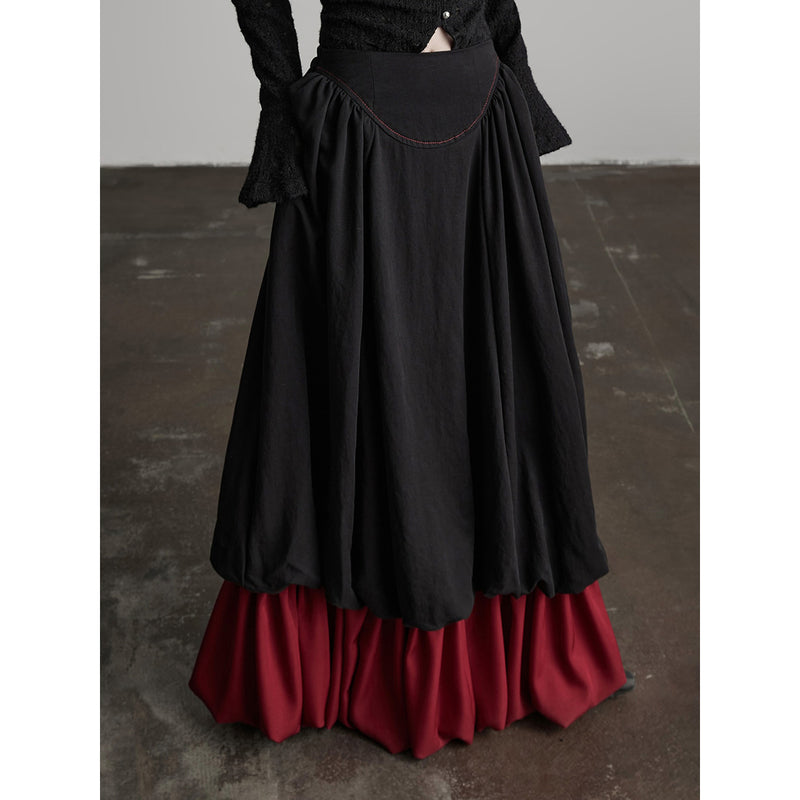 Black and Red Bicolor Layered Long Skirt