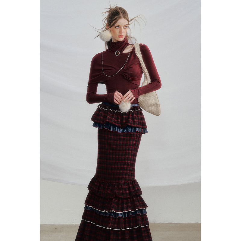 Wine Red Docking Plaid Tiered Skirt