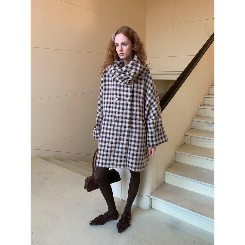 Dark Brown Plaid Snood Wool Coat