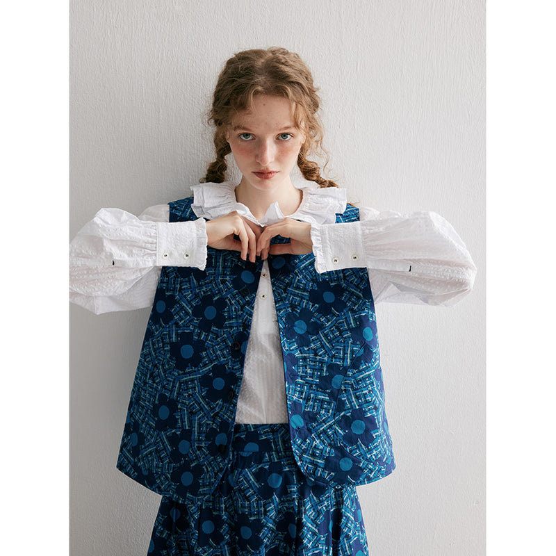 Blue Floral Patterned Vest and Skirt