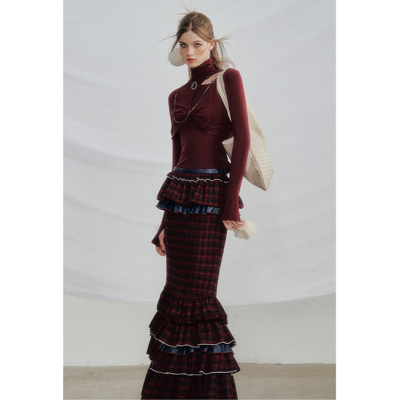 Wine Red Docking Plaid Tiered Skirt