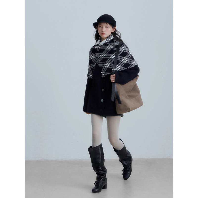 Checkered Cape and Black Knit Cardigan