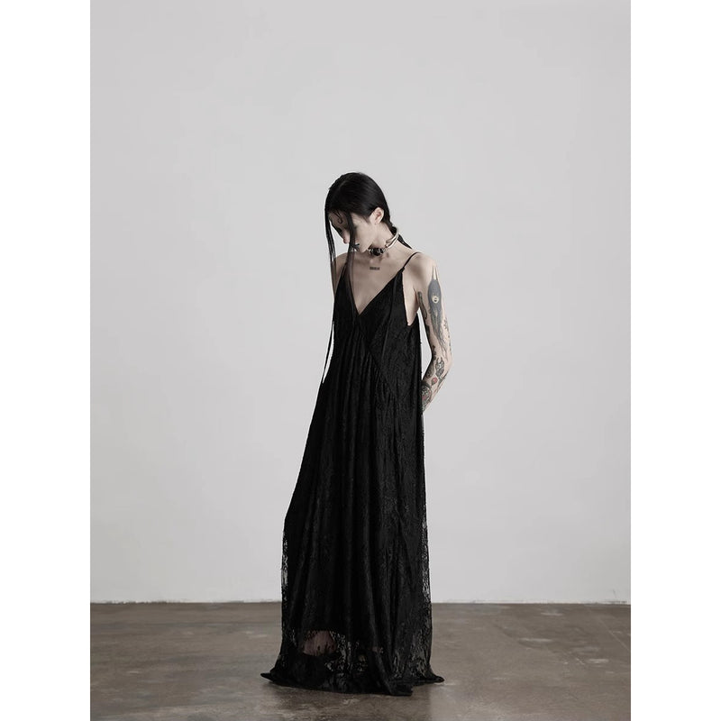 Dark Night Flower Embroidered Lace Camisole Dress