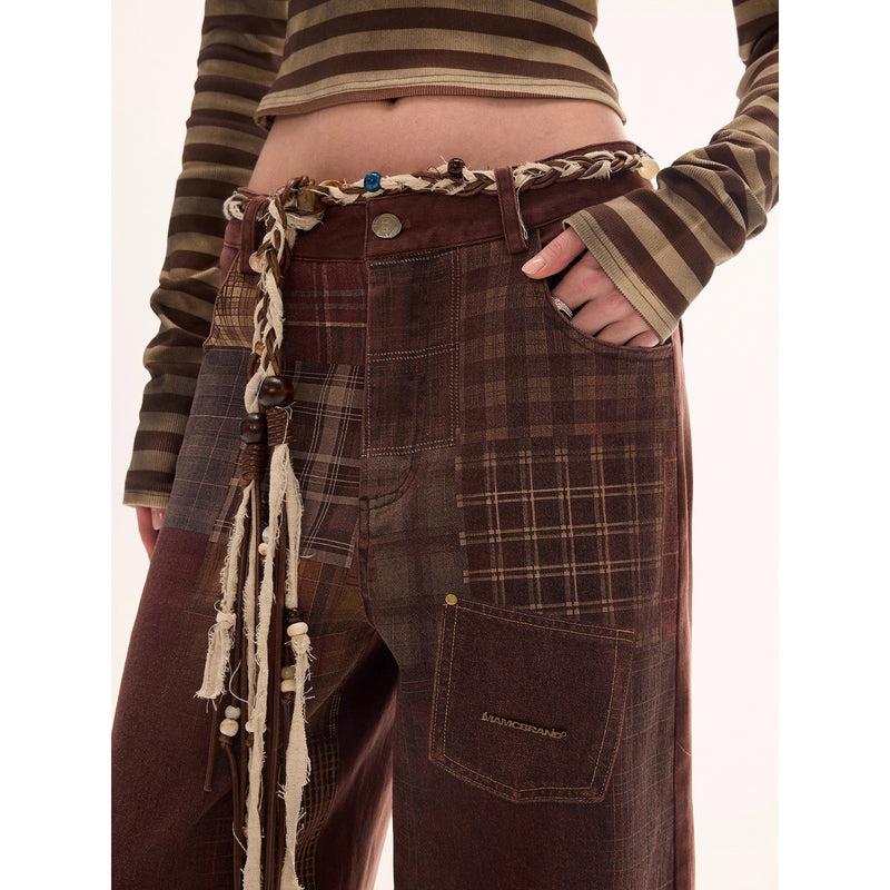 Checkered Vintage Brown Denim Pants