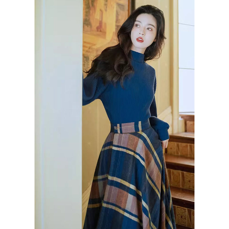 Blue-Brown Checkered Retro Skirt and Blue Knit Sweater