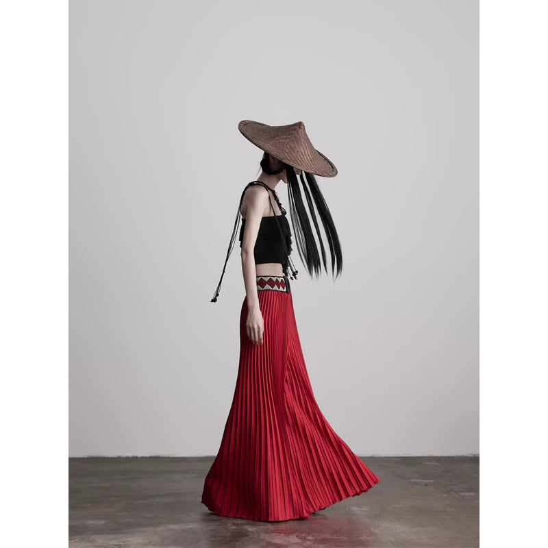 Ethnic Red Pleated Wide Pants