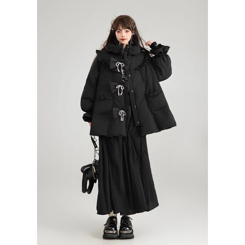 黒のお嬢様のリボンダウンジャケット