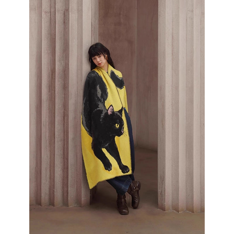 黒猫の挿絵ニットストール