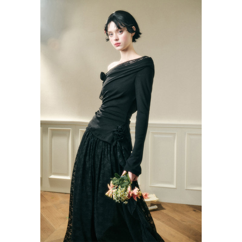 Rose Patterned Lace Top and Long Skirt - Black