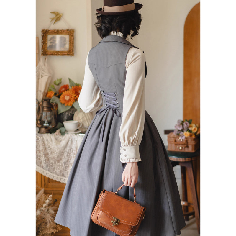 英吉利のお嬢様のクラシカルジャンパースカートとハイネックブラウス（ダークグレー）