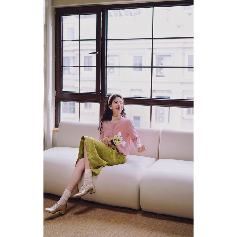 黄緑の若葉色ウールハーフスカート