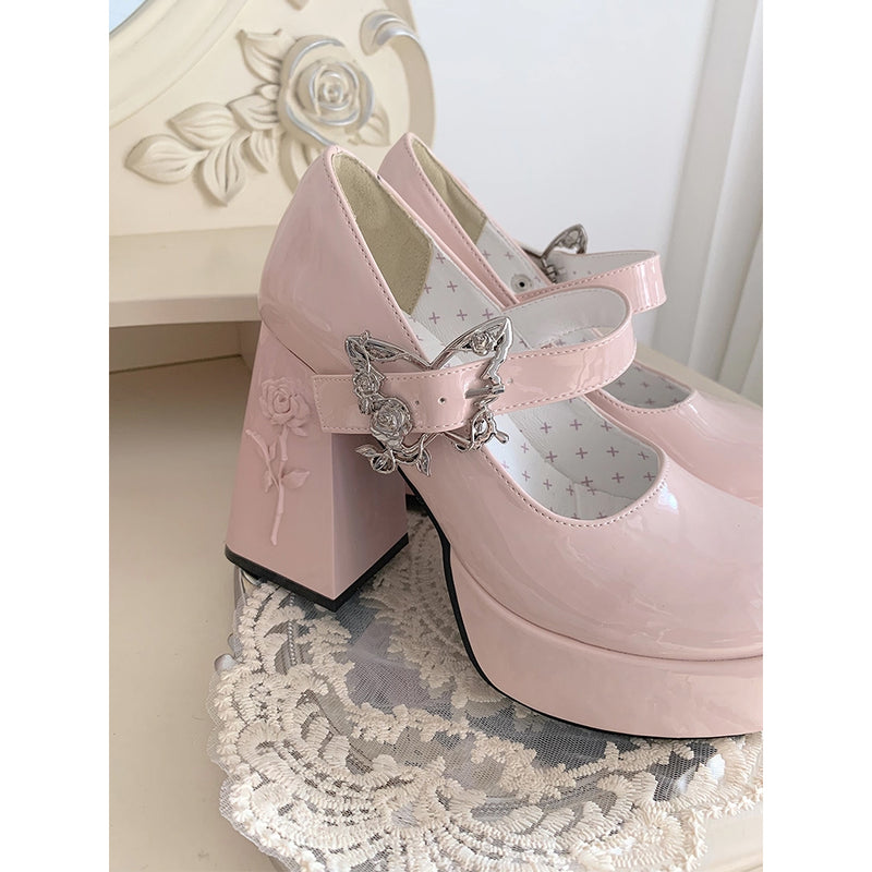 薔薇の花と蝶のゴシックヒールパンプス - Pink