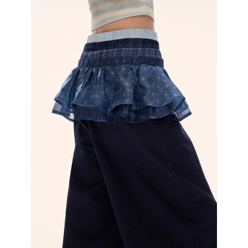 Star Pattern Ruffle Waist Wide Pants