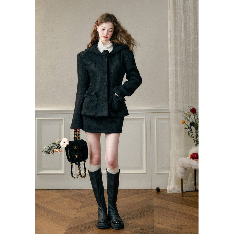 Black Hooded Jacket and Short Skirt