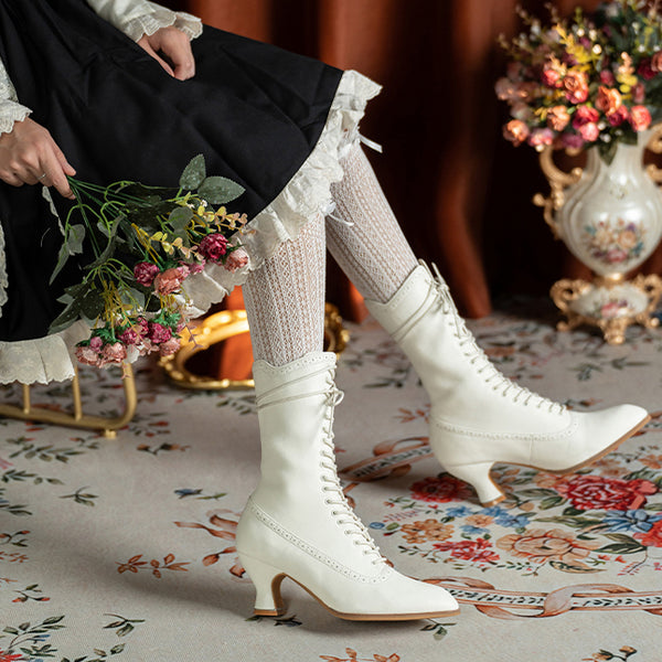 Victorian Pointed Toe Lace Up Boots - Ivory